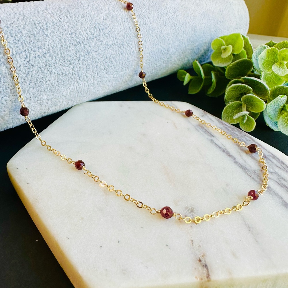 Garnet Necklace Station 14k Gold Filled Natural Gemstone